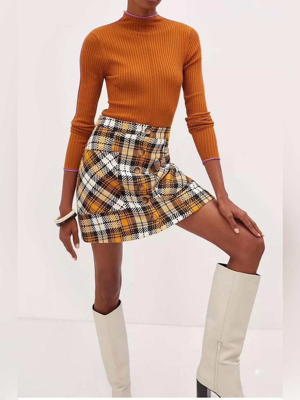 Maeve Anthropologie Yellow Plaid Button-Front With Pockets Mini Skirt 8